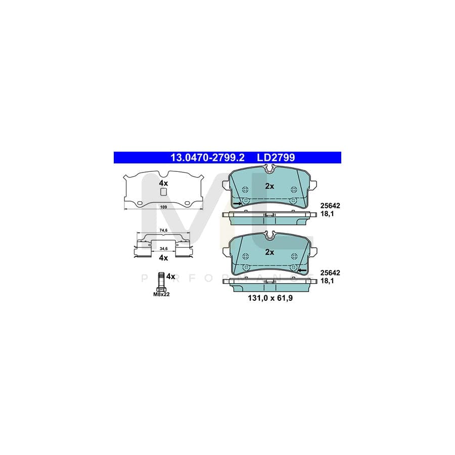 ATE 13.0470-2799.2 Brake pad set for PORSCHE Macan (95B) excl. wear warning contact, prepared for wear indicator, with anti-squeak plate, with brake caliper screws, with accessories