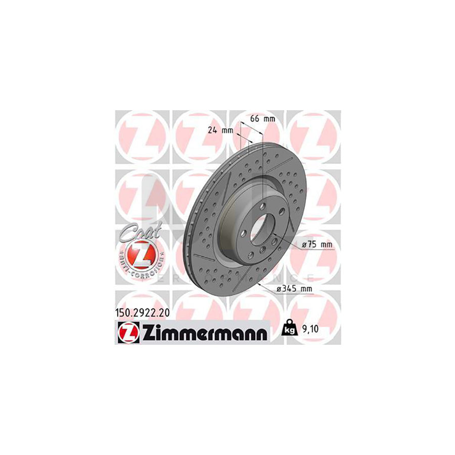 ZIMMERMANN COAT Z 150.2922.20 Brake Disc Drilled dimples, Internally Vented, Slotted, Coated, High-carbon  - 1 piece