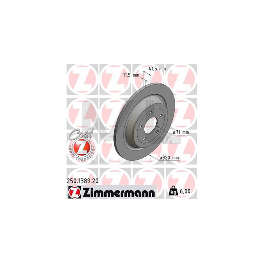 ZIMMERMANN COAT Z 250.1389.20 Brake Disc for FORD USA MUSTANG Solid, Coated, High-carbon  - 1 piece