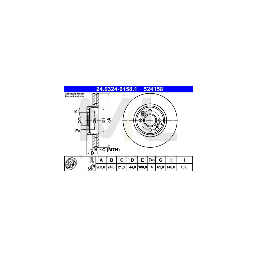 ATE PowerDisc 24.0324-0158.1 Brake Disc Vented, Coated, Alloyed / High-carbon, with bolts/screws  - 1 piece