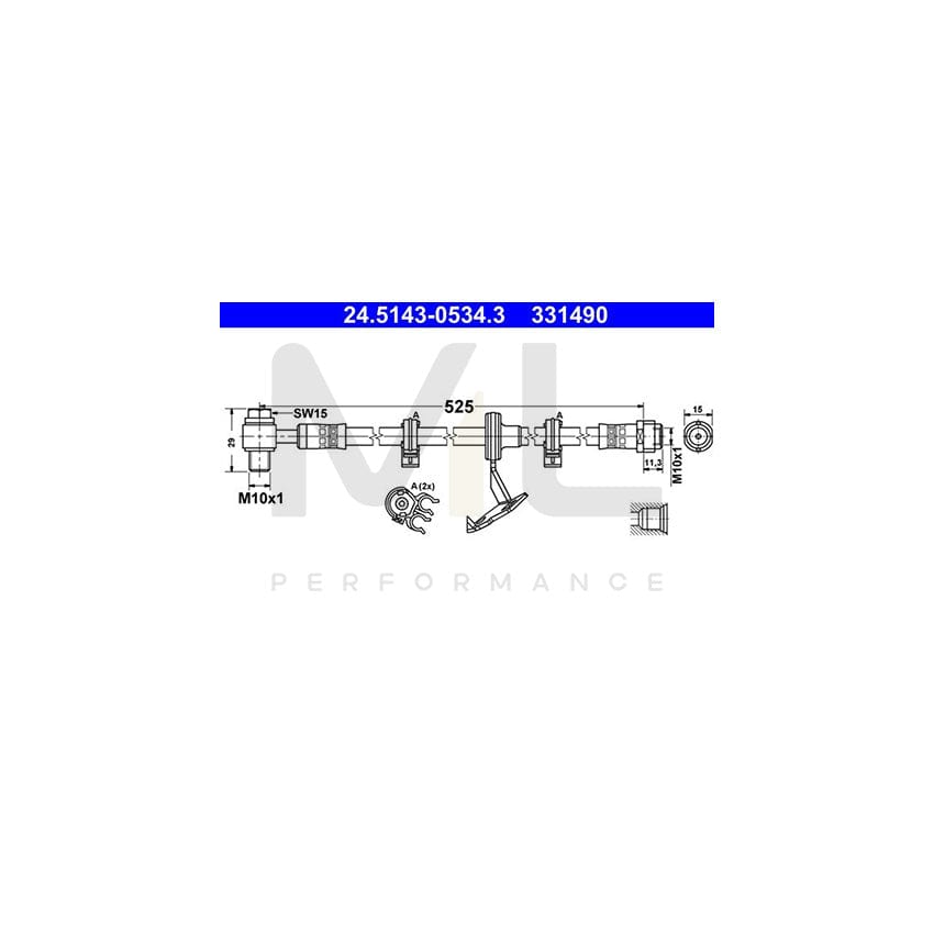 ATE 24.5143-0534.3 Brake Hose suitable for MERCEDES-BENZ ML-Class (W163) 525mm, M10x1