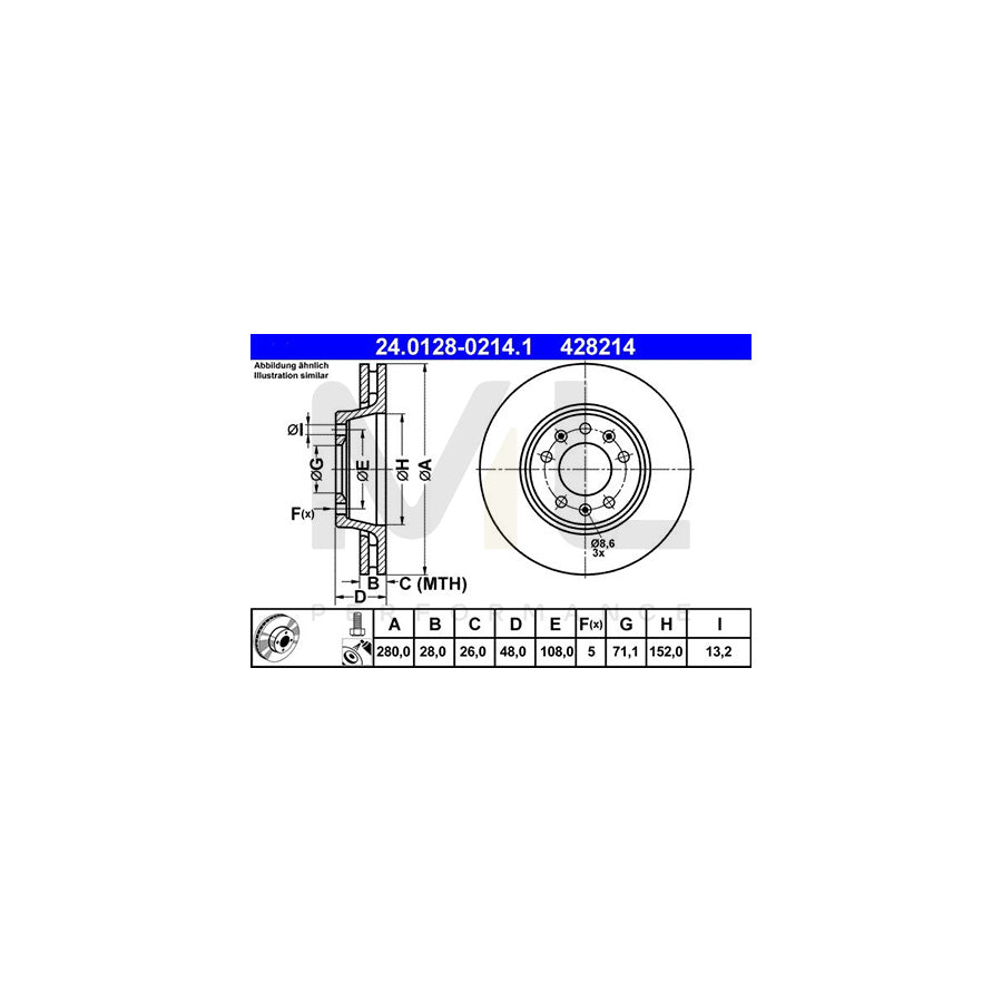 ATE 24.0128-0214.1 Brake Disc Vented, Coated, with bolts/screws  - 1 piece