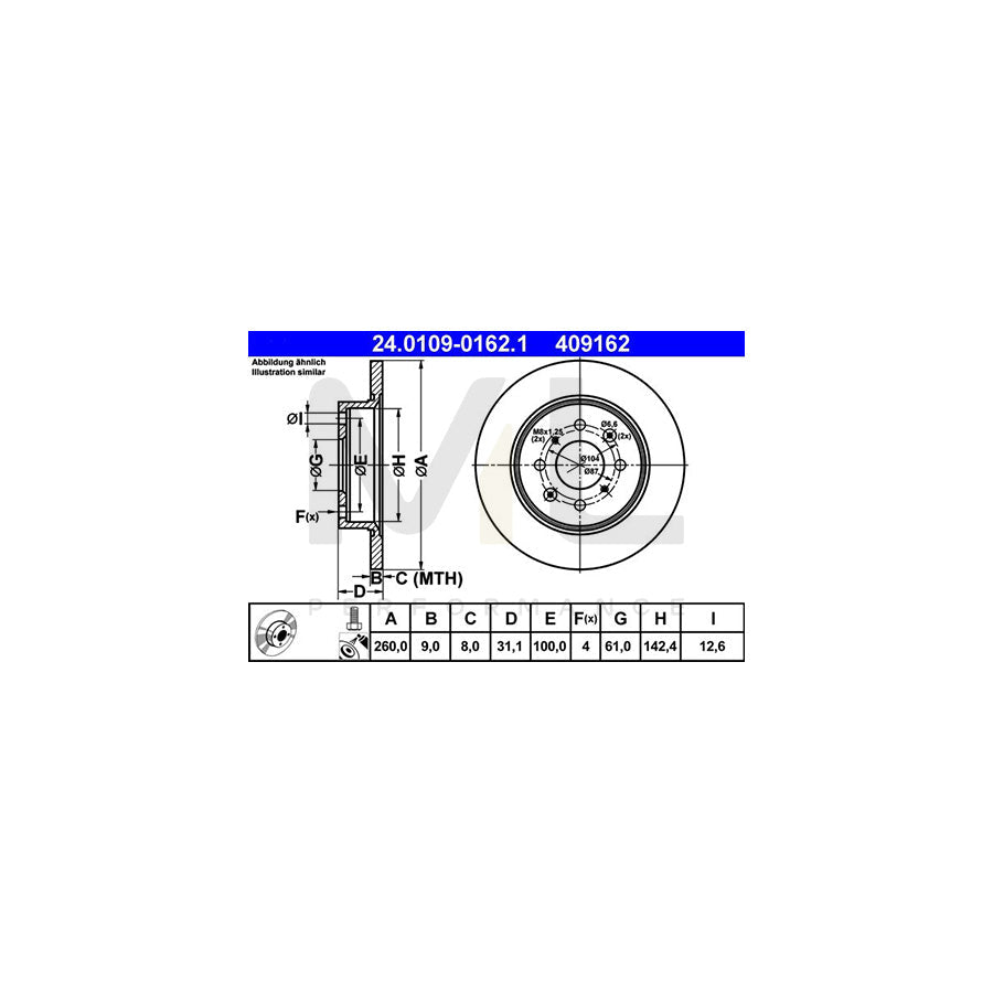 ATE 24.0109-0162.1 Brake Disc Solid, Coated, with bolts/screws  - 1 piece