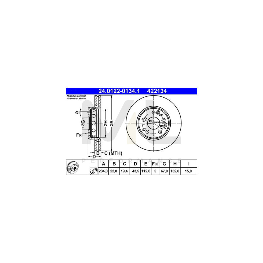 ATE 24.0122-0134.1 Brake Disc Vented, Coated, Alloyed / High-carbon  - 1 piece
