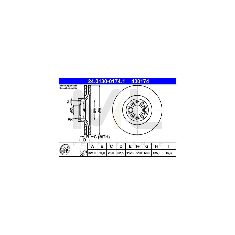 ATE 24.0130-0174.1 Brake Disc for AUDI A6 Vented, Coated, High-carbon  - 1 piece