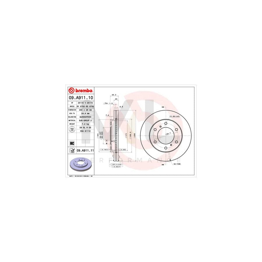 BREMBO COATED DISC LINE 09.A911.11 Brake Disc for MITSUBISHI Pajero / Shogun IV (V80) Internally Vented, Coated, High-carbon | ML Performance Car Parts