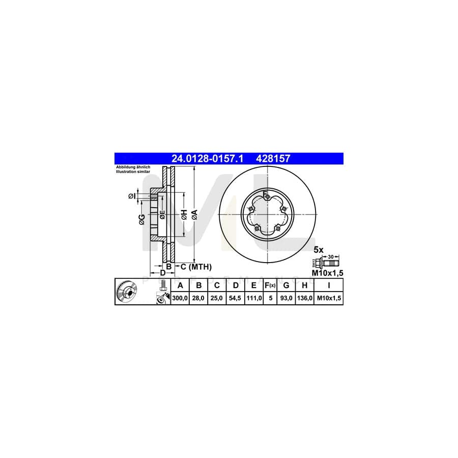 ATE 24.0128-0157.1 Brake Disc for FORD TRANSIT Vented, Coated, with bolts/screws  - 1 piece