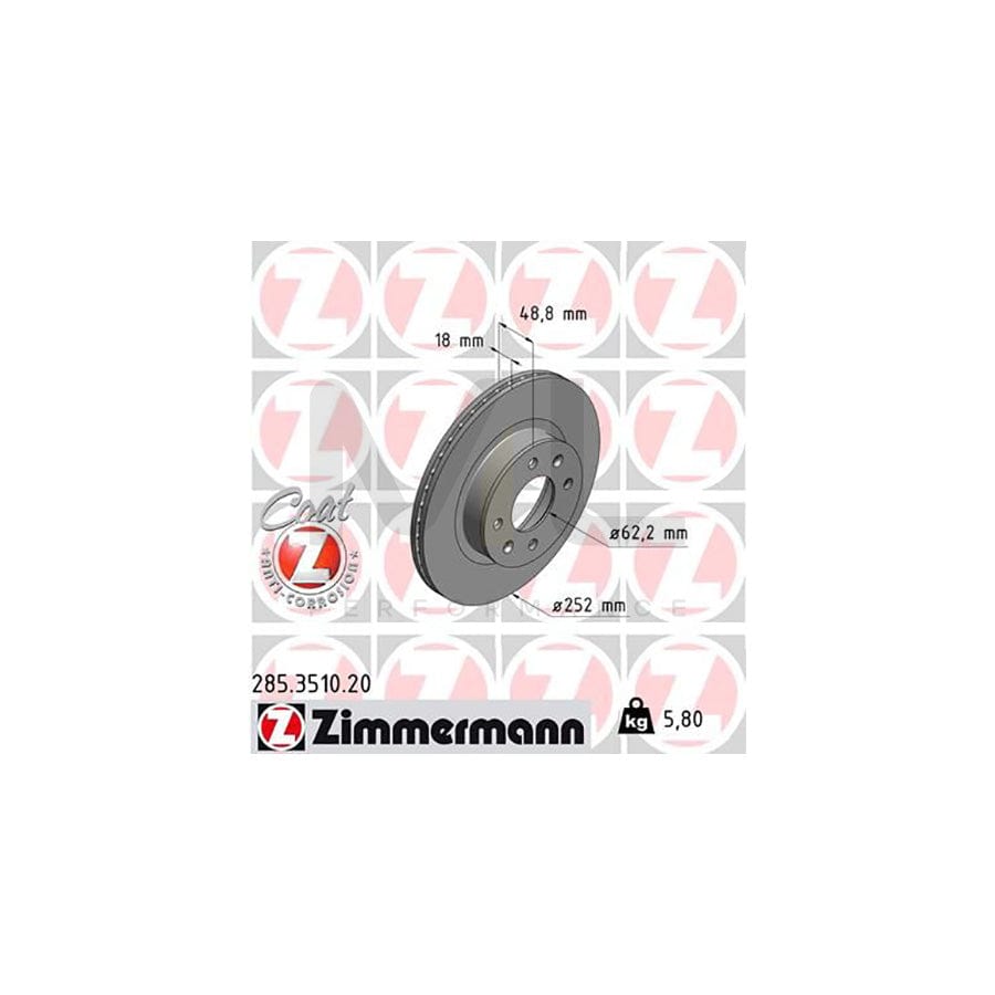 ZIMMERMANN COAT Z 285.3510.20 Brake Disc Internally Vented, Coated  - 1 piece