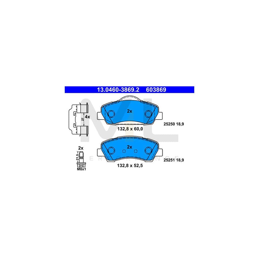 ATE 13.0460-3869.2 Brake pad set for PEUGEOT 308 excl. wear warning contact, not prepared for wear indicator, with brake caliper screws, with accessories