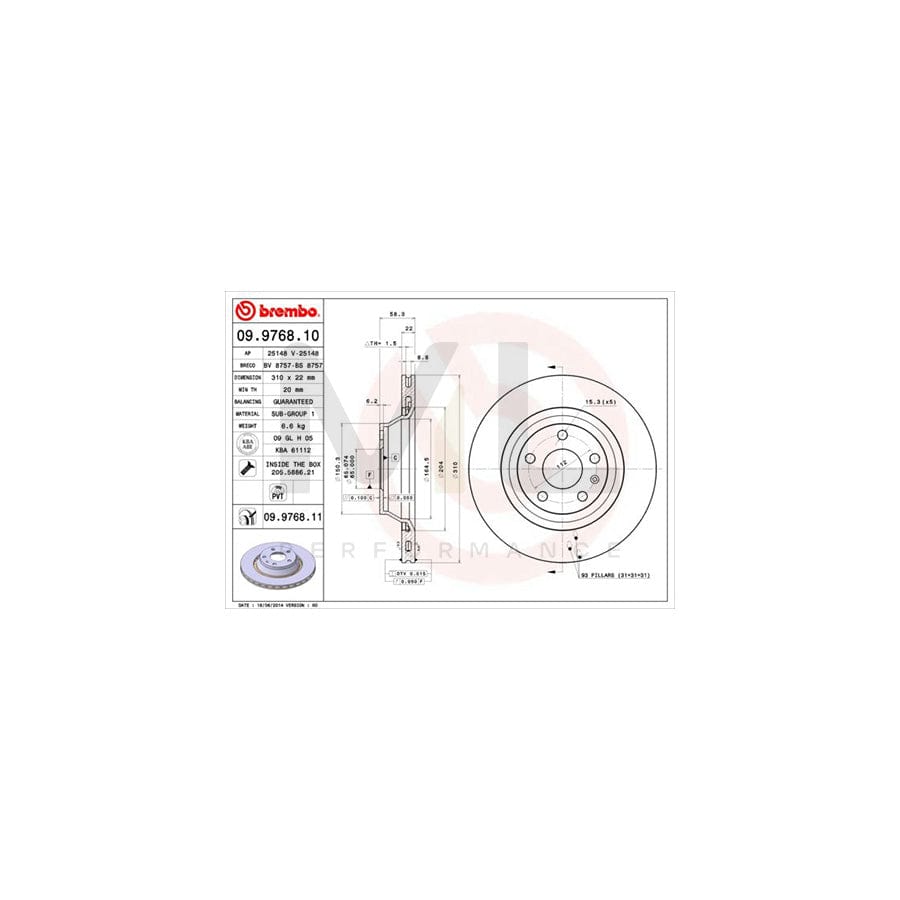 BREMBO COATED DISC LINE 09.9768.11 Brake Disc for AUDI TT Internally Vented, Coated, with bolts/screws | ML Performance Car Parts