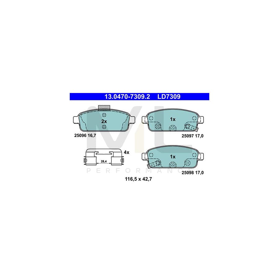 ATE Ceramic 13.0470-7309.2 Brake pad set with acoustic wear warning, with accessories