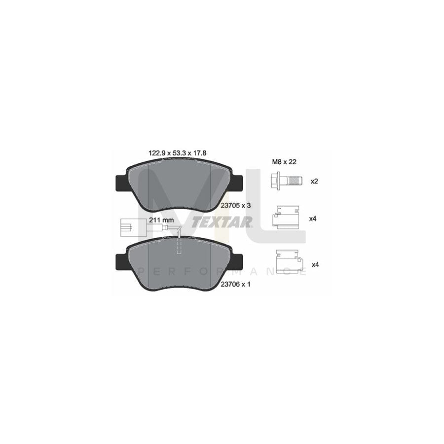 TEXTAR 2370581 Brake pad set epad, with integrated wear warning contact, with brake caliper screws, with accessories | ML Performance Car Parts