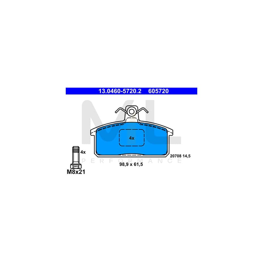 ATE 13.0460-5720.2 Brake pad set for SUZUKI SAMURAI excl. wear warning contact, not prepared for wear indicator, with brake caliper screws