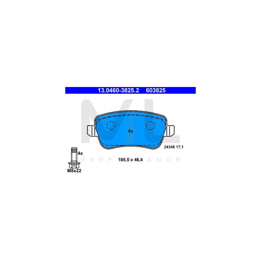 ATE 13.0460-3825.2 Brake pad set for FIAT CROMA excl. wear warning contact, not prepared for wear indicator, with brake caliper screws