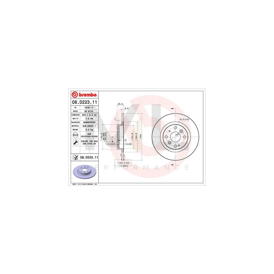 BREMBO 08.D223.11 Brake Disc Solid, Coated, with bolts/screws | ML Performance Car Parts