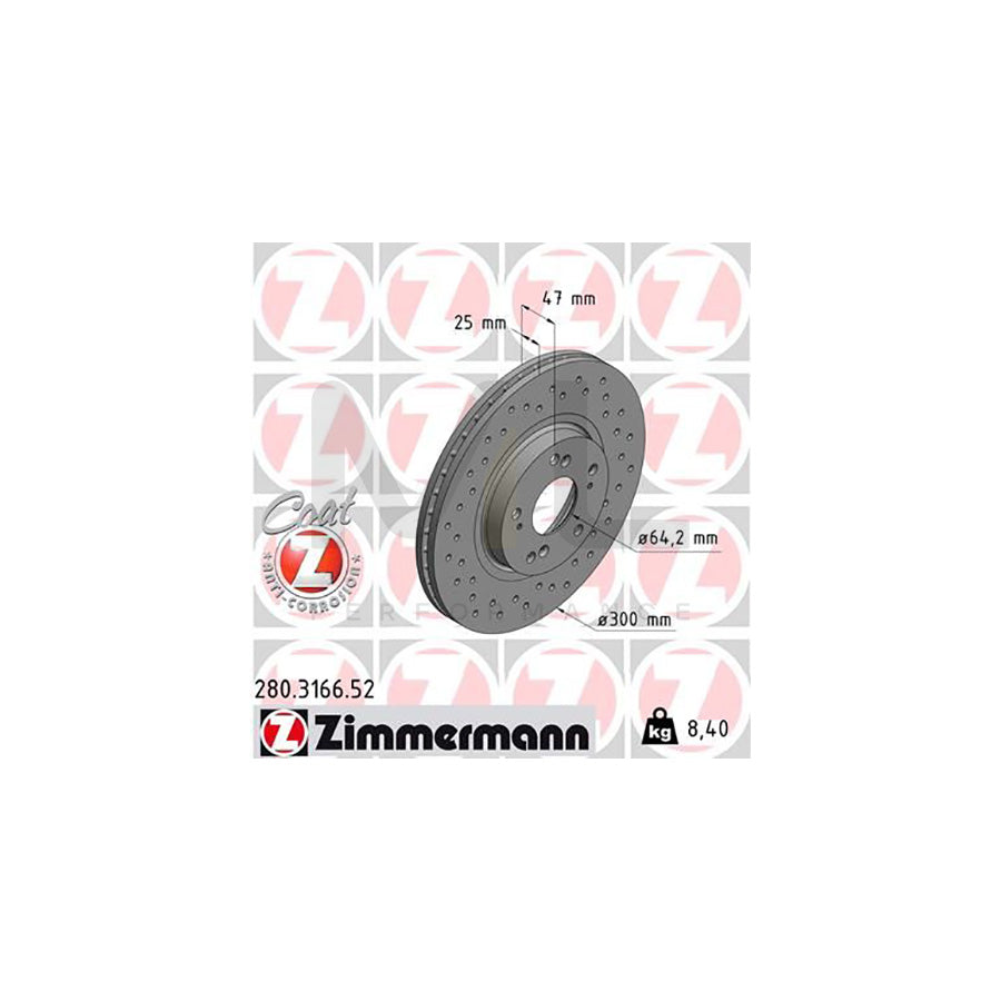 ZIMMERMANN SPORT COAT Z 280.3166.52 Brake Disc for HONDA ACCORD Internally Vented, Perforated, Coated  - 1 piece