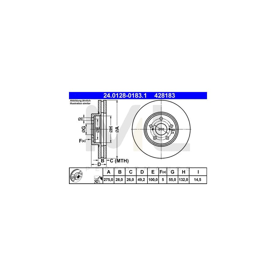 ATE 24.0128-0183.1 Brake Disc Vented, Coated  - 1 piece