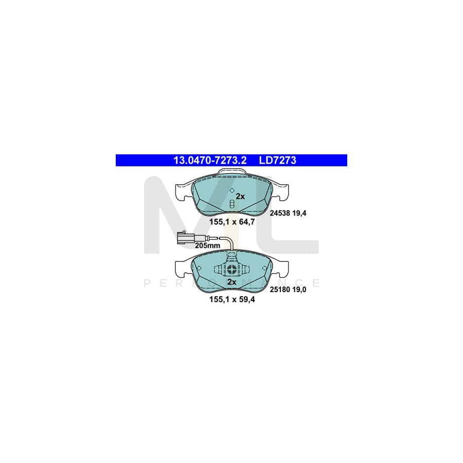 ATE Ceramic 13.0470-7273.2 Brake pad set for ALFA ROMEO GIULIETTA incl. wear warning contact