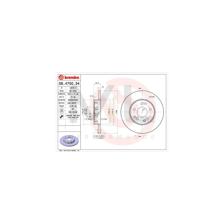 BREMBO 08.4750.34 Brake Disc Solid, with bolts/screws | ML Performance Car Parts