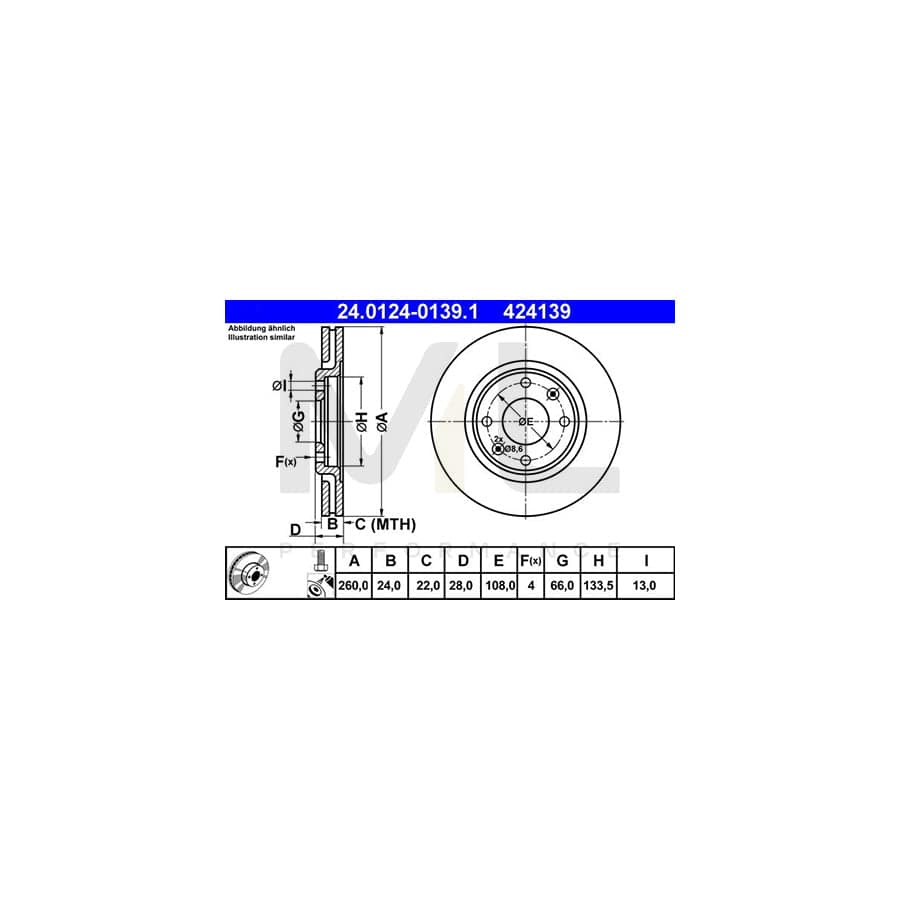 ATE 24.0124-0139.1 Brake Disc for PEUGEOT 406 Vented, Coated, with bolts/screws  - 1 piece