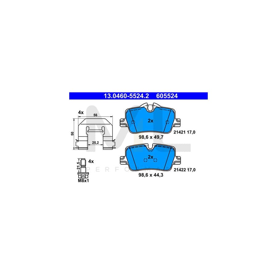 ATE 13.0460-5524.2 Brake pad set excl. wear warning contact, prepared for wear indicator, with brake caliper screws, with accessories