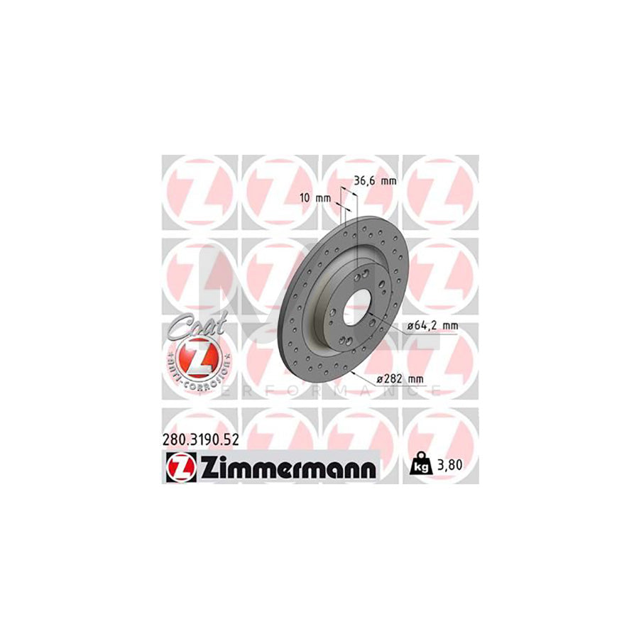 ZIMMERMANN 280.3190.52 Brake Disc for HONDA CIVIC Perforated, Solid, Coated  - 1 piece