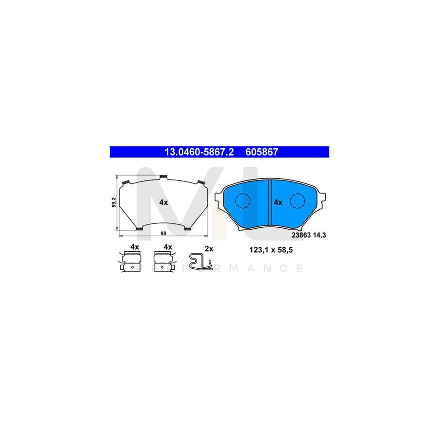 ATE 13.0460-5867.2 Brake pad set for MAZDA MX-5 II (NB) with acoustic wear warning, with anti-squeak plate, with accessories