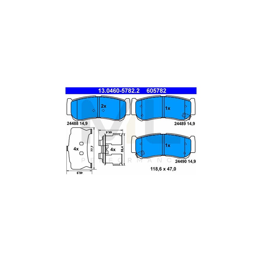 ATE 13.0460-5782.2 Brake pad set for HYUNDAI SANTA FE with acoustic wear warning, with anti-squeak plate, with accessories
