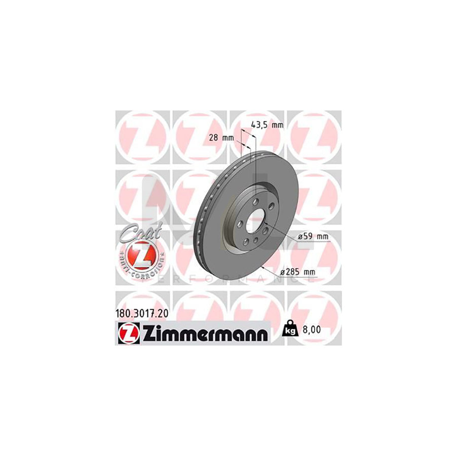 ZIMMERMANN COAT Z 180.3017.20 Brake Disc Internally Vented, Coated  - 1 piece