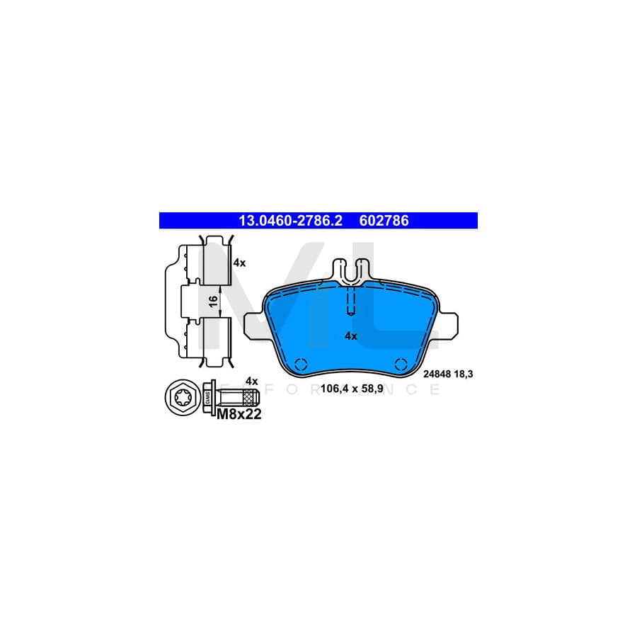 ATE 13.0460-2786.2 Brake pad set excl. wear warning contact, prepared for wear indicator, with brake caliper screws, with accessories