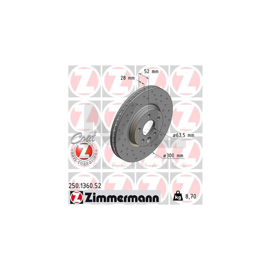 ZIMMERMANN SPORT COAT Z 250.1360.52 Brake Disc Internally Vented, Perforated, Coated, High-carbon  - 1 piece