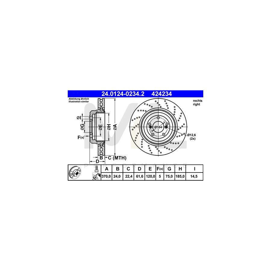 ATE 24.0124-0234.2 Brake Disc Perforated / Vented, Two-piece brake disc, Coated, High-carbon, with bolts/screws