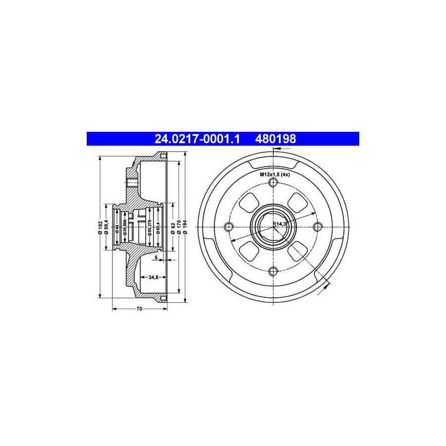 ATE 24.0217-0001.1 Brake Drum for KIA Pride