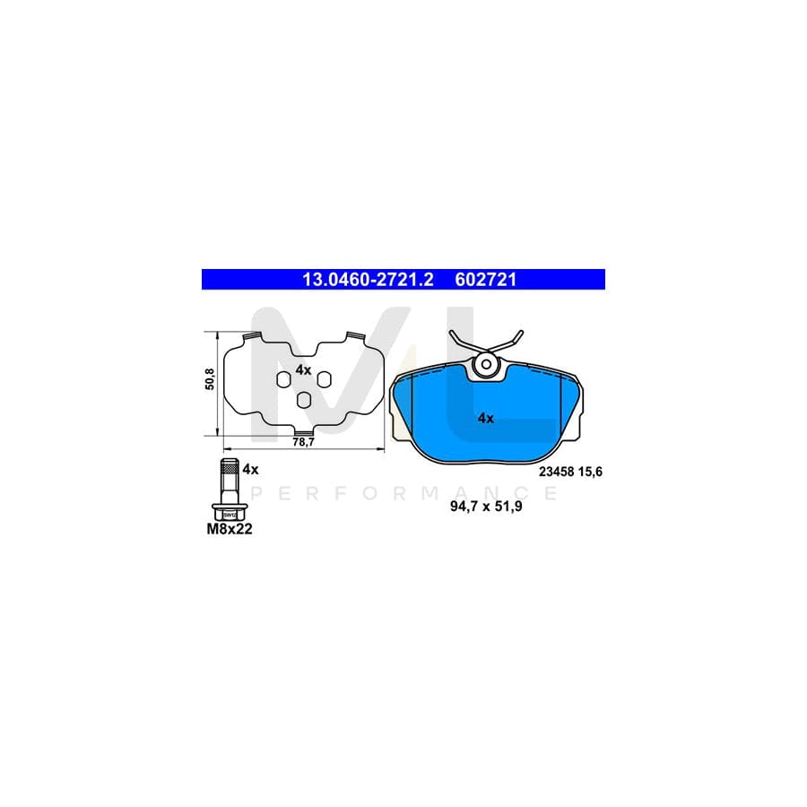 ATE 13.0460-2721.2 Brake pad set excl. wear warning contact, not prepared for wear indicator, with anti-squeak plate, with brake caliper screws