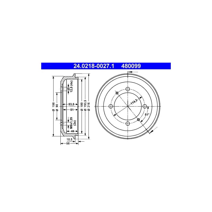 ATE 24.0218-0027.1 Brake Drum for Hyundai Pony