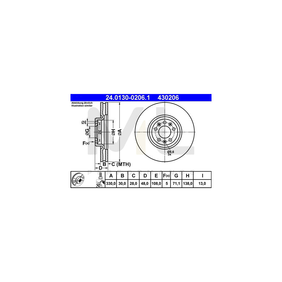 ATE 24.0130-0206.1 Brake Disc Vented, Coated, Alloyed / High-carbon, with bolts/screws  - 1 piece