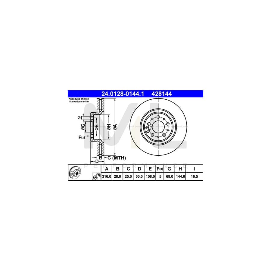 ATE 24.0128-0144.1 Brake Disc Vented, Coated, High-carbon  - 1 piece
