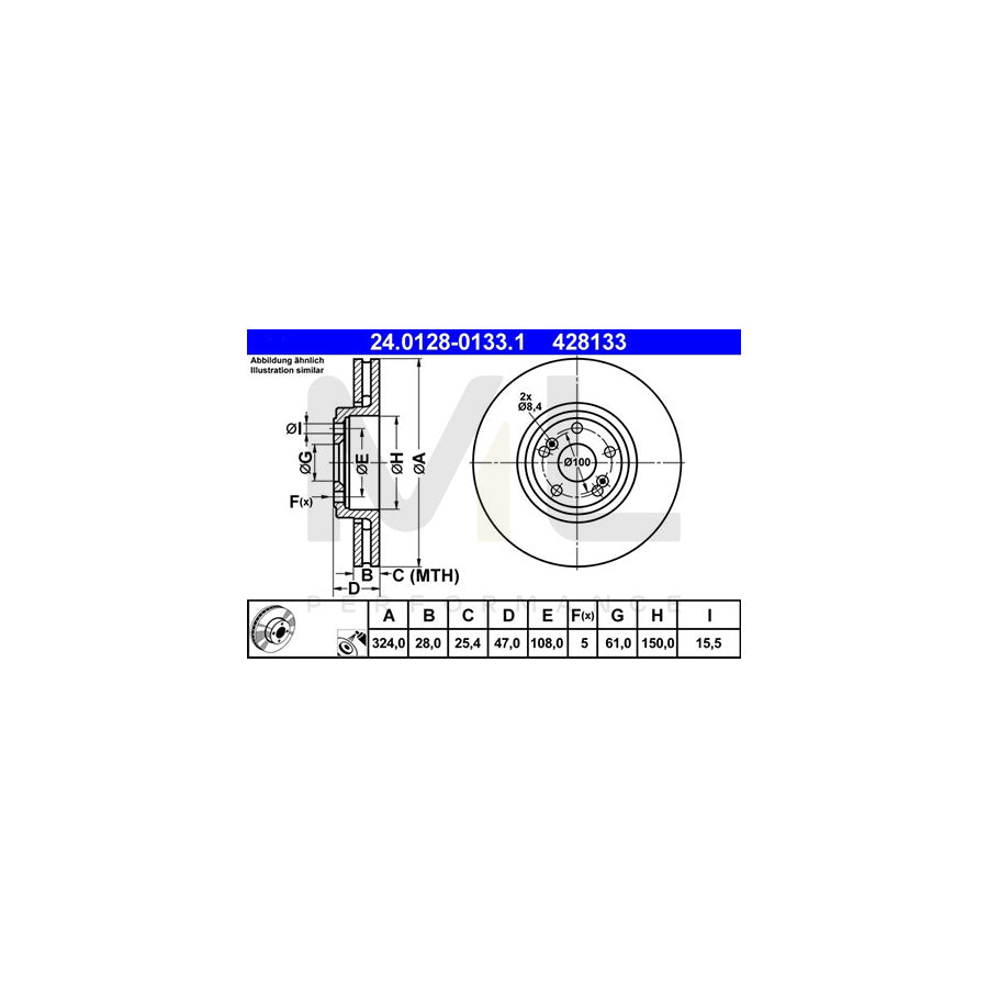 ATE 24.0128-0133.1 Brake Disc Vented, Coated, High-carbon  - 1 piece