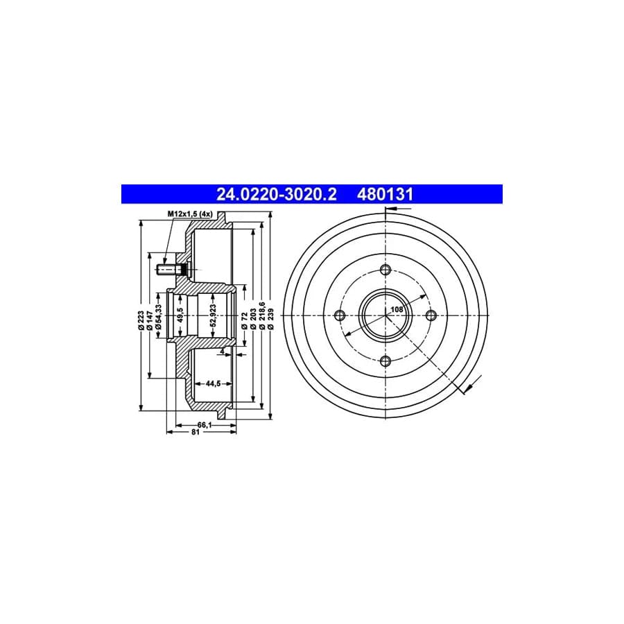 ATE 24.0220-3020.2 Brake Drum