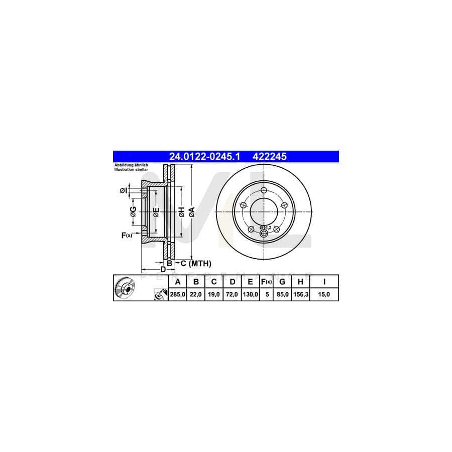 ATE 24.0122-0245.1 Brake Disc suitable for MERCEDES-BENZ SPRINTER Vented, Coated, Alloyed / High-carbon  - 1 piece
