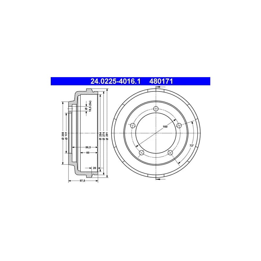 ATE 24.0225-4016.1 Brake Drum for Ford Transit