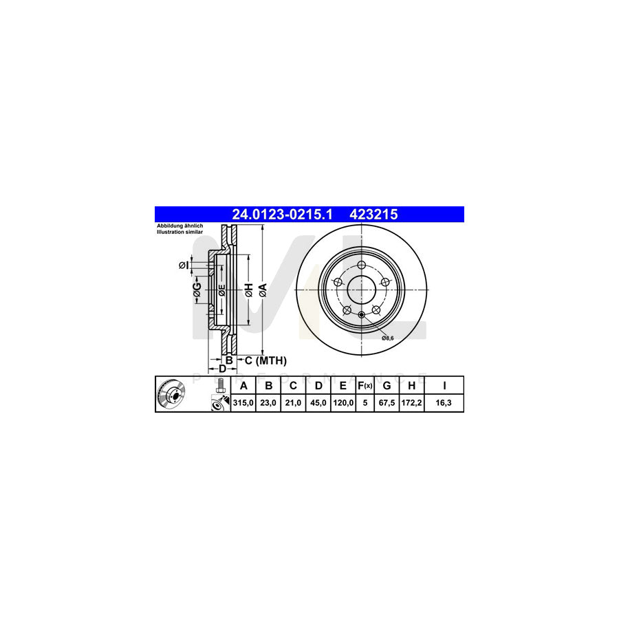 ATE 24.0123-0215.1 Brake Disc Vented, Coated, with bolts/screws  - 1 piece
