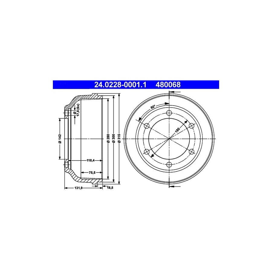 ATE 24.0228-0001.1 Brake Drum for Ford Transit