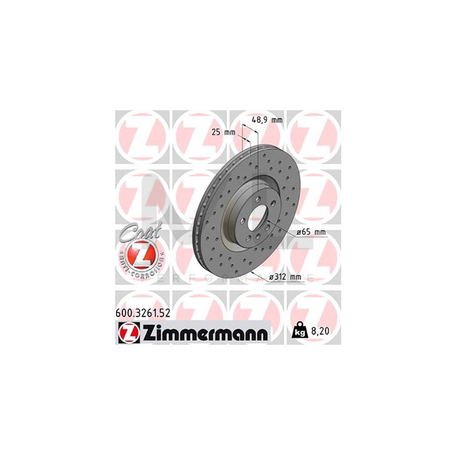 ZIMMERMANN 600.3261.52 Brake Disc for VW Polo VI (AW1, BZ1) Internally Vented, Perforated, Coated, High-carbon  - 1 piece