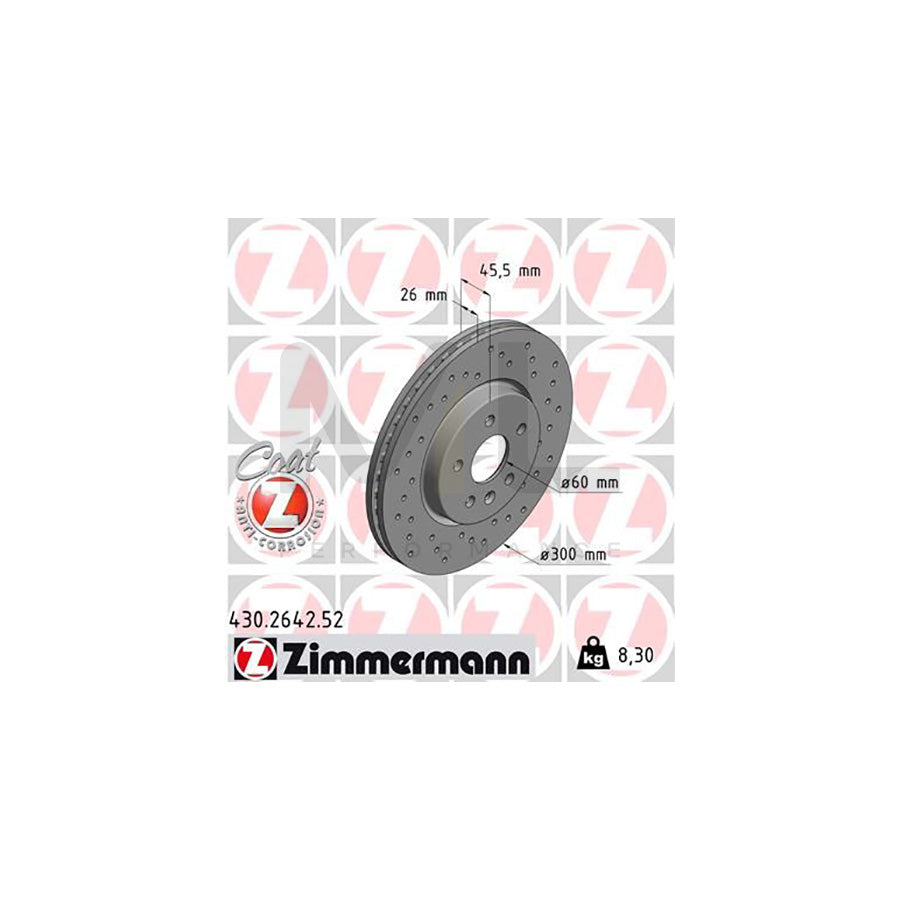 ZIMMERMANN SPORT COAT Z 430.2642.52 Brake Disc Internally Vented, Perforated, Coated, High-carbon  - 1 piece