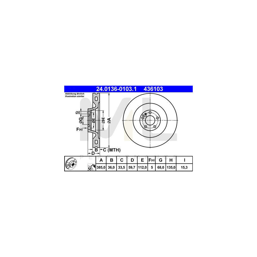 ATE 24.0136-0103.1 Brake Disc for AUDI A8 D3 (4E2, 4E8) Vented, Coated, High-carbon  - 1 piece