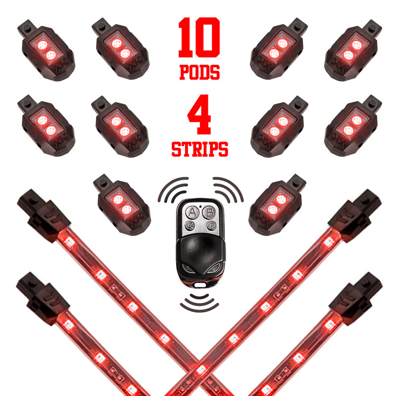 XKGLOW XK Glow Single Color XKGLOW LED Accent Light Motorcycle Kit Red - 10xPod + 4x8InStrips
