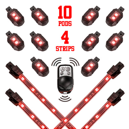 XKGLOW XK Glow Single Color XKGLOW LED Accent Light Motorcycle Kit Red - 10xPod + 4x8InStrips