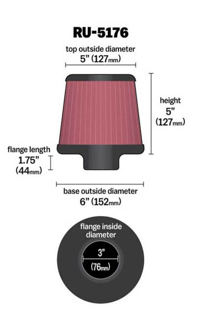 K&N Engineering K&N Universal Rubber Filter-Round Tapered 3in Flange ID x 6in Base OD x 6in Top OD x 5in H