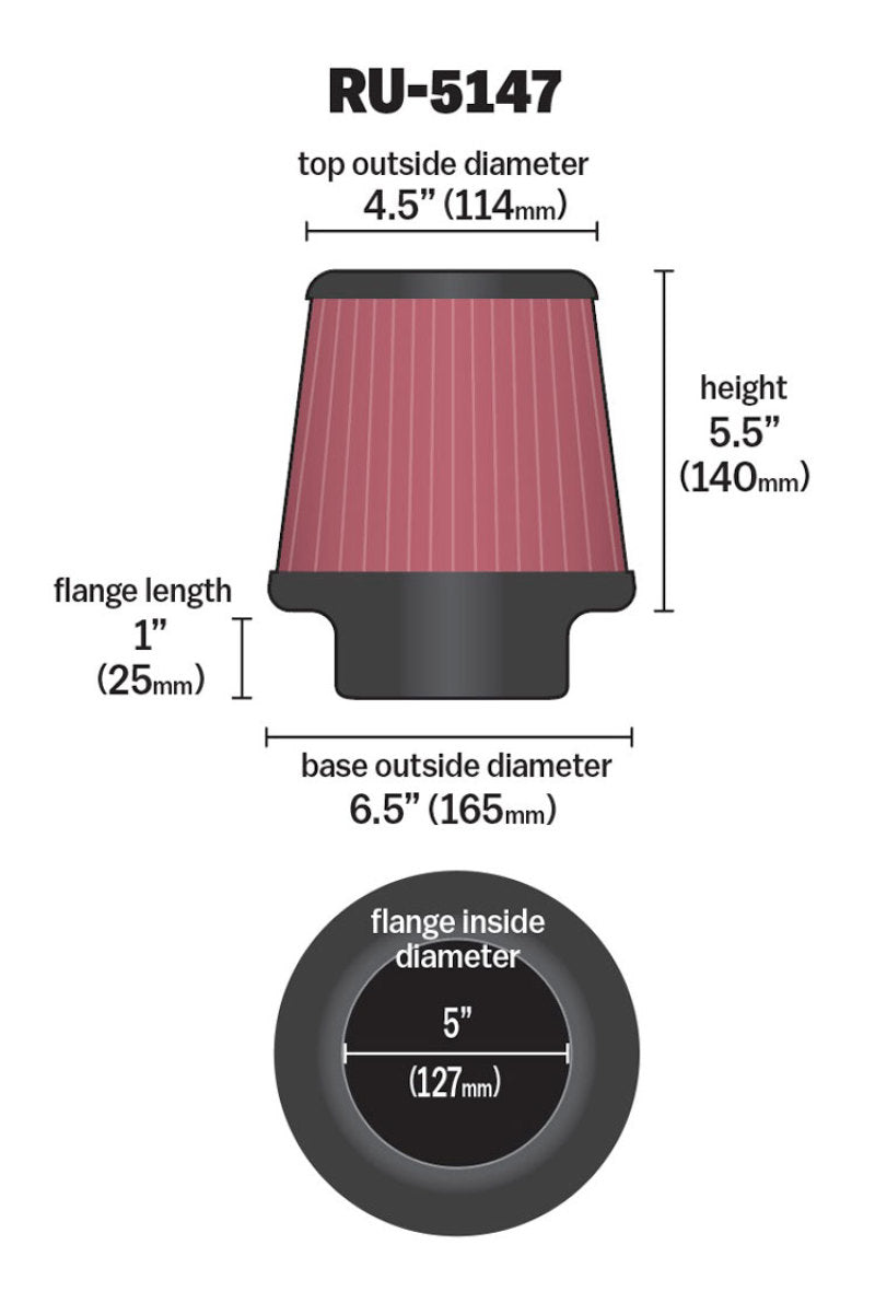 K&N Engineering K&N Filter Universal Rubber Filter 5in Flange 6.5in Base 4.5in Top 5.5in Height